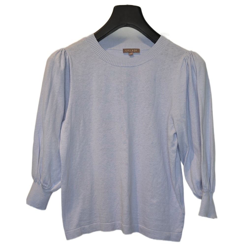 Lilla P Light Blue Puff Sleeve Cotton Linen Blend Sweater‎ Small